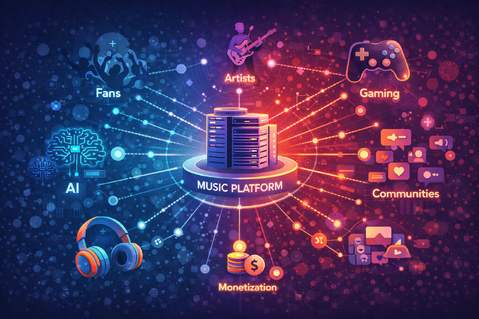 Illustration showing the future music streaming ecosystem connecting fans, artists, gaming platforms, AI technologies, monetisation systems and digital communities.