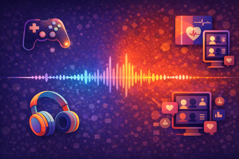 Illustration showing music expanding beyond streaming into gaming platforms, health technology, children’s headphones and digital community platforms.