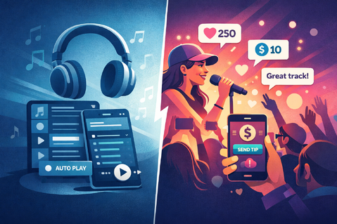 Illustration showing the shift from passive music streaming to active fan engagement in the superfan era.